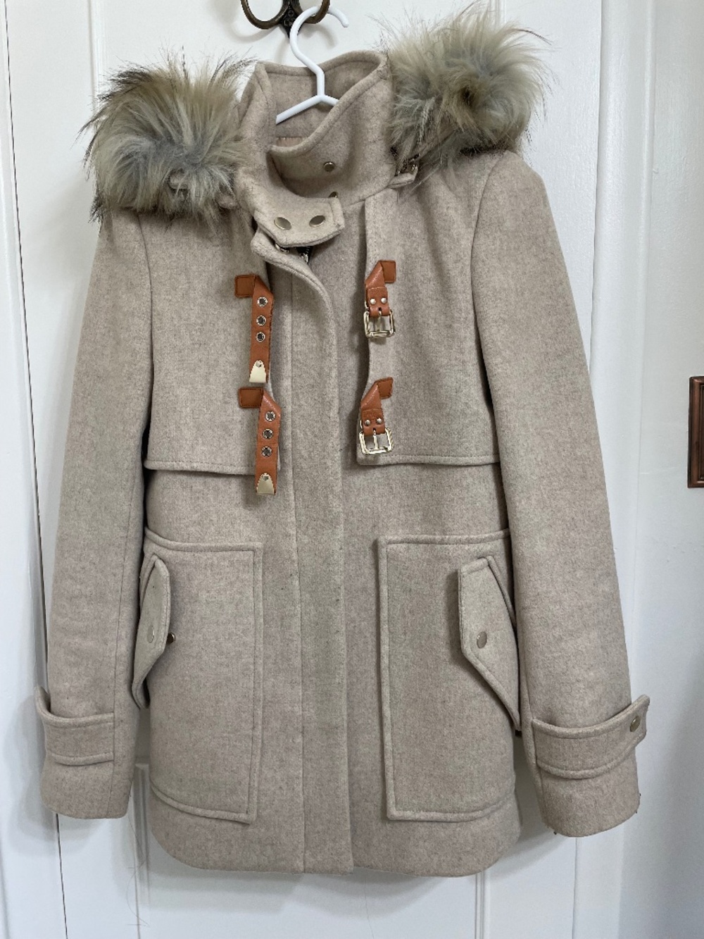 ZARA Beige Wool Blend Duffel Coat w/ Faux Fur Hood - Size XS